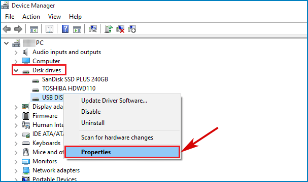 Right-click USB drive properties in Device Manager