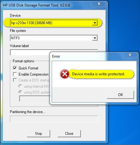 Device media is write protected with HP USB Format Tool