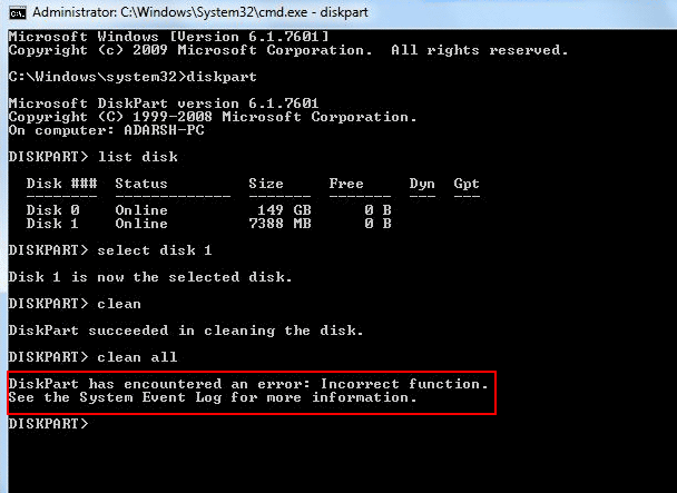 diskpart incorrect function