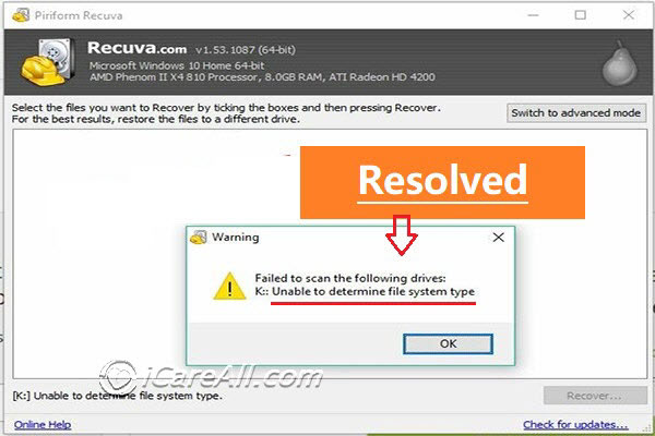 Unable to determine file system type recuva